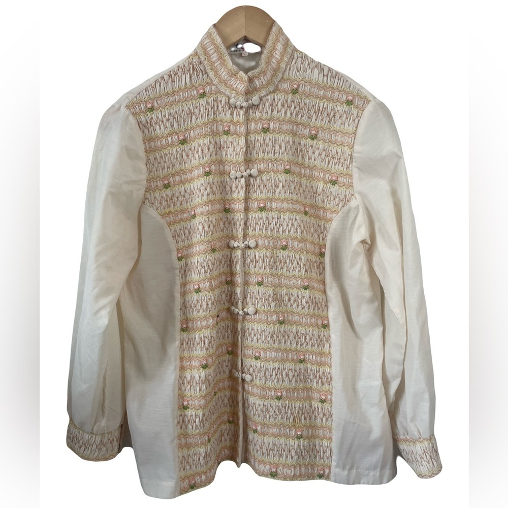 VINTAGE:1960s /70s Hippie”Embroidered Smocked Top - Size L